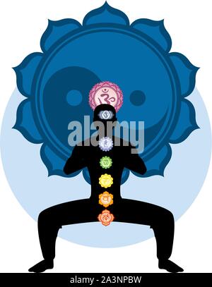 Meditieren Asana Chakra Harmonisierung mit blauen Ying Yang Mandala Backround Vector Illustration. Stock Vektor