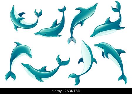 Satz von Blue Dolphin cartoon Meer Tier design Flachbild Vector Illustration auf weißem Hintergrund. Stock Vektor