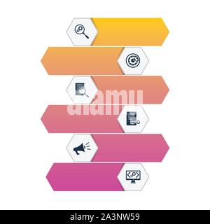 Seo Infografiken vektor design. Timeline Konzept gehören Suche Optimierung, Datenmanagement, Suchergebnis Symbole. Kann für den Bericht verwendet werden. Stock Vektor