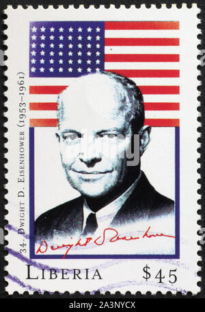 Präsident Dwight Eisenhower und Flagge auf Briefmarke Stockfoto