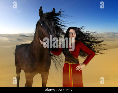 Eine schöne arabische Prinzessin und ihrem Pferd in der Wüste, ihre langen schwarzen Haar weht im Wind, gerenderte 3D-Bild Stockfoto