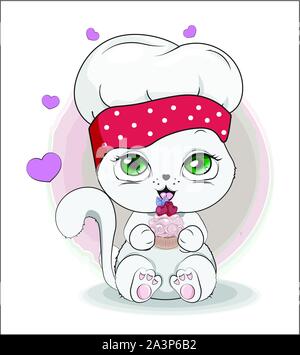 Cook Katze mit Cupcake. Das Bild in der Hand Zeichnung Stil, können für den T-Shirt Druck verwendet werden, tragen Fashion design, Grußkarte. Babynahrung Menü Stock Vektor