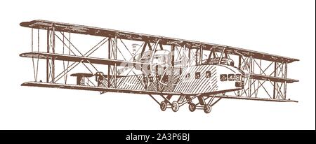 Fliegende historische Propellermaschinen Dreidecker airliner Fahrgäste transportiert. Abbildung: Nach einer Lithographie aus dem frühen 20. Jahrhundert Stock Vektor