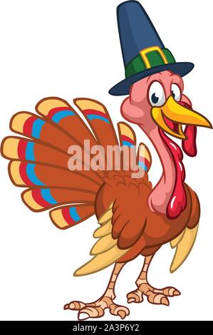 Cartoon Happy Thanksgiving Truthahn Charakter tragen Pilger hat skizzieren. Vector Illustration isoliert. Stock Vektor