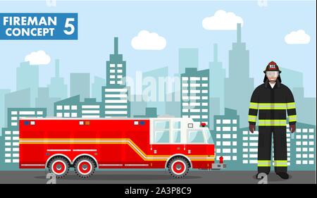 Feuerwehrmann Konzept. Detaillierte Darstellung des Menschen Feuerwehrmann und fire truck im flachen Stil auf Hintergrund mit Stadtbild. Vector Illustration. Stock Vektor