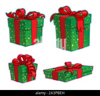 Vektor Cartoon Icon Set von vier grünen Gewickelt vorhanden Felder mit roter Schleife Schleifen in verschiedenen Größen. Abbildungen Linien, Farben, Schatten und Lichter ordentlich Stock Vektor