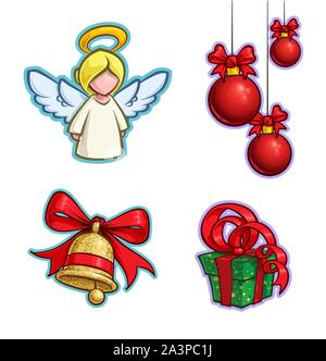 Vektor Cartoon Icon Set von ein Engel, Baum hängen Weihnachtskugeln Bell und ein Geschenk. Abbildungen Linien, Farben, Schatten und Lichter sauber in Gut "defin Stock Vektor