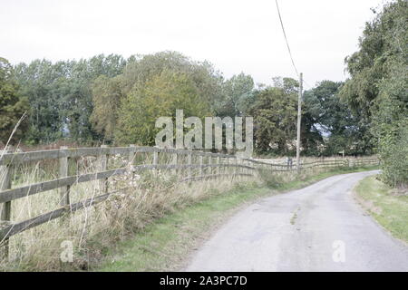 Engen, gewundenen Landstraße mit hölzernen Zäunen und Grünstreifen Stockfoto