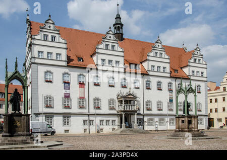 Wittenberg ist die Heimat von zahlreichen historischen Stätten. An die Türen der Allerheiligen Kirche Martin Luther seine 95 Thesen 1517 genagelt zu haben. Stockfoto