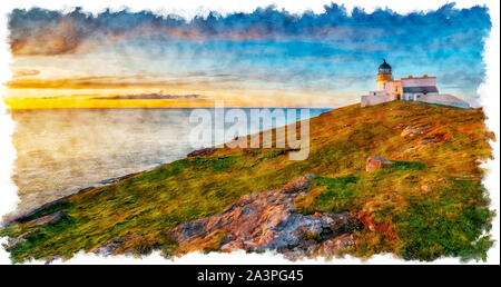 Aquarell Malerei des Sonnenuntergangs an Stoer Head Lighthouse in der Nähe von Lochinver in den Highlands von Schottland Stockfoto