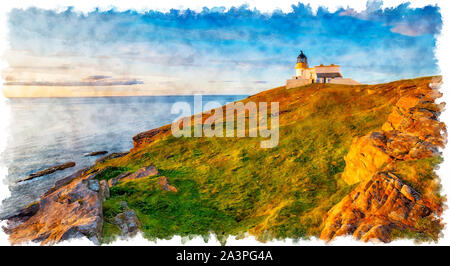 Aquarell von Abendsonne auf der Leuchtturm von Stoer Kopf nahe Lochinver in den Highlands von Schottland Stockfoto