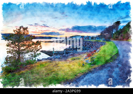 Aquarell Malerei der Abenddämmerung über dem Hafen von Shieldaig ein hübsches Dorf in den Highlands von Schottland und ein Zwischenstopp auf der NC 500 Fahrstrecke Stockfoto