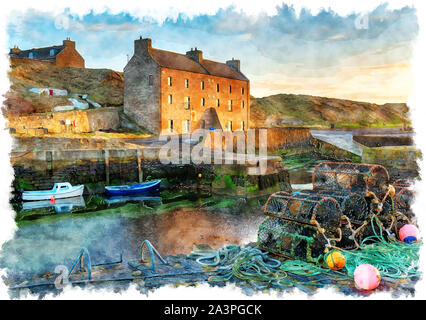 Aquarell von keiss Hafen an der Ostküste von Schottland und Teil der NC 500 touristische Route Stockfoto