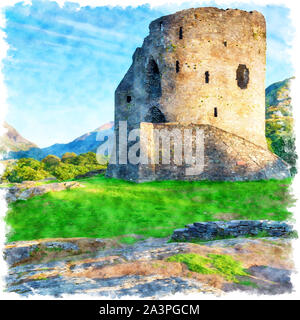 Aquarell Malerei der Ruinen der Burg von Llanberis Dolbadarn in Snowdonia National Park in Wales Stockfoto