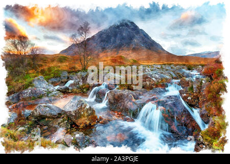 Aquarell Malerei des Sonnenuntergangs an Buachaille Etive Mor Wasserfall in den Highlands von Schottland Stockfoto