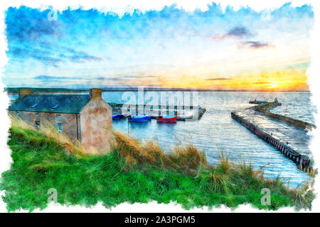 Aquarell Malerei der Sonnenuntergang über dem Hafen von burghead in der Nähe von Elgin an der Ostküste von Schottland Stockfoto