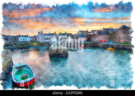 Aquarell von Sonnenuntergang über Portsoy ein Fischerdorf in Aberdeenshire an der Ostküste von Schottland Stockfoto