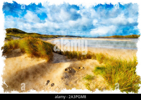 Aquarell von Uig Sands Beach bei Ardroil auf der Insel Lewis auf den Äußeren Hebriden in Schottland Stockfoto