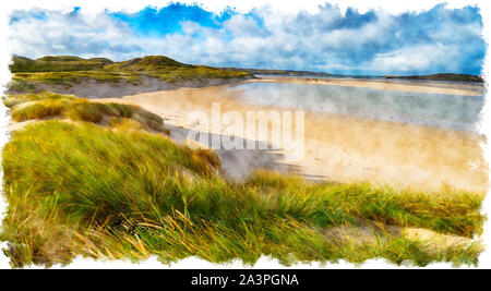 Aquarell auf den Strand und den Sanddünen ar Ardroil in der Nähe von Uig auf der Isle of Lewis auf den Äußeren Hebriden Stockfoto