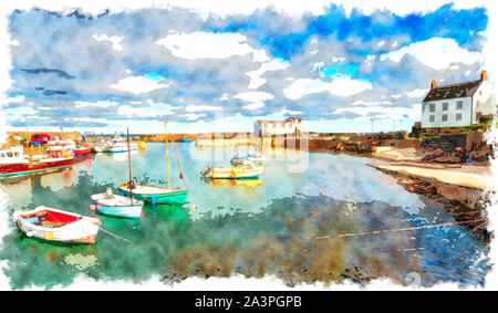 Aquarell von Fischerboote im Hafen von St. Abbs, einem hübschen Dorf in Berwickshire in Schottland Stockfoto