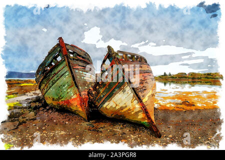 Aquarell Malerei der alten Boote am Ufer bei Salen auf der Isle of Mull in Schottland Stockfoto