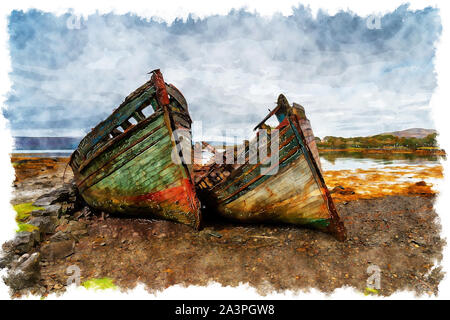 Aquarellmalerei der Strände Boote bei Salen auf der Isle of Mull in Schottland Stockfoto