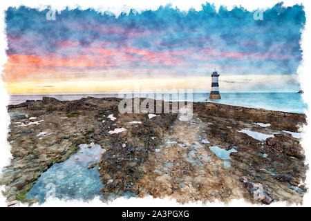 Aquarell von einem schönen Sonnenuntergang am Leuchtturm auf Penmon Trwyn Du Point in der Nähe von Beaumaris auf Anglesey in Wales Stockfoto