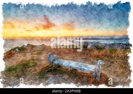 Aquarell von Sonnenuntergang über eine alte Bank, auf Klippen bei Tout Steinbruch auf Th e Isle of Portland, mit Blick auf den Damm und Chesil Bea Stockfoto