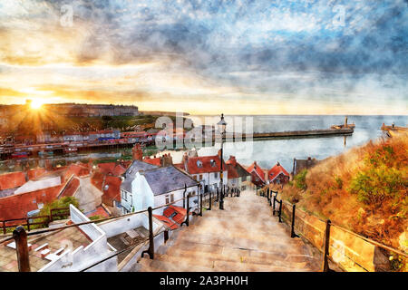 Aquarell von Sonnenuntergang über Whitby an der Küste von North Yorkshire die 199 Schritte, mit Blick auf den Hafen und Pier Stockfoto