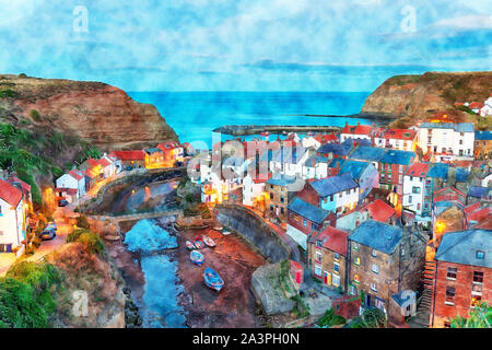 Aquarell von Nightfall über Staithes, ein hübsches Fischerdorf auf der Yorkshire coast Stockfoto