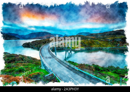 Aquarell von Sonnenaufgang über Kylesku Brücke in den Highlands von Schottland Stockfoto