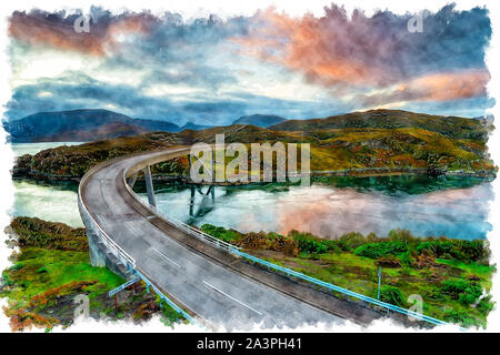 Aquarell von Sonnenaufgang über Kylesku Brücke in den Highlands von Schottland und an der Nordküste 500 Autowanderstraße Stockfoto