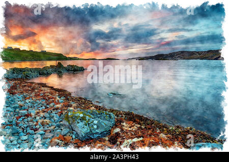 Aquarell Malerei der Sonnenuntergang über dem Strand bei scourie Bay im Norden westlich von Schottland Stockfoto