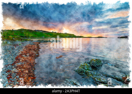 Aquarell von Sonnenuntergang über Scourie in den Highlands von Schottland und ein beliebter Zwischenstopp auf der NC 500 Autowanderstraße Stockfoto