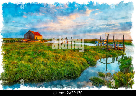 Aquarell Malerei des malerischen alten Hafen und Salzwiesen am Thornham an der nördlichen Küste von Norfolk Stockfoto