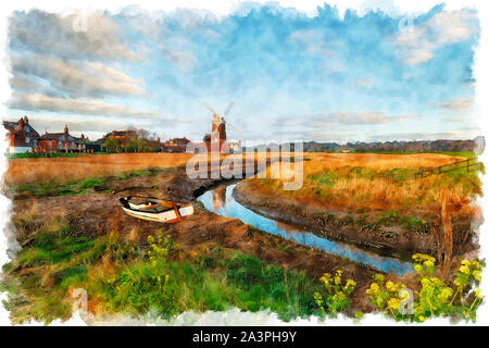Aquarell Malerei der Windmühle bei Cley next das Meer, ein hübsches Dorf am Fluss glaven an der nördlichen Küste von Norfolk Stockfoto