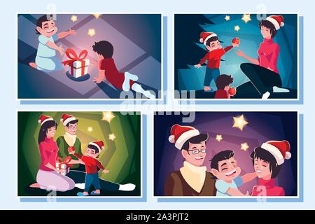 Bundle Weihnachtskarten der Familie in Weihnachten abend Vector Illustration Design Stock Vektor