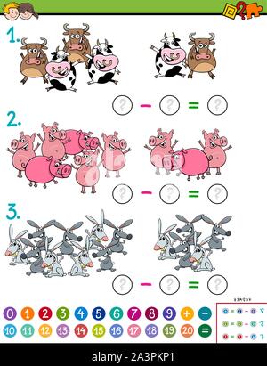 Cartoon Illustration der Pädagogischen mathematische Subtraktion Puzzle Spiel für Kinder mit Farm Animal Zeichen Stock Vektor