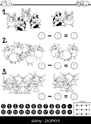 Schwarze und Weiße Cartoon Illustration der Pädagogischen mathematische Subtraktion Puzzle Aufgabe für Kinder mit tierischen Zeichen Malbuch Stock Vektor