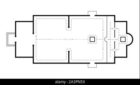 Architektonischen Plan der Orthodoxen Kirche. Mittelalterlichen orthodoxen Kloster. Regelung der Freizügigkeit bei der Nachtwache. Stock Vektor
