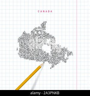 Kanada Skizze scribble Karte auf karierten Schule notebook Papier Hintergrund dargestellt. Hand Vektorkarte von Kanada gezogen. Realistische 3D-Bleistift. Stock Vektor