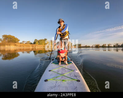 Ältere Männchen ist das Paddeln eine aufblasbare Stand up paddleboard mit einem pitbull Hund auf See in Colorado, POV aus einer Aktion Kamera Stockfoto