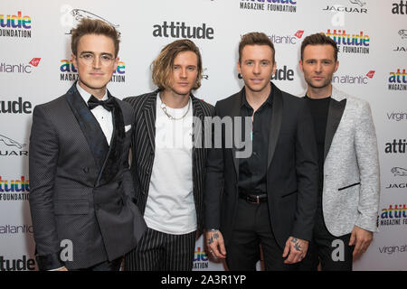 London, Großbritannien. 09 Okt, 2019. (L und R) Tom Fletcher, Dougie Poynter, Harry Judd und Danny Jones von McFly nehmen an der Virgin Atlantic Haltung Awards 2019 von Jaguar im Roundhouse Camden Credit: SOPA Images Limited/Alamy Leben Nachrichten eingeschaltet Stockfoto