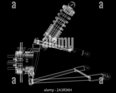 X-ray Auto Suspension und Bremsscheibe auf schwarzen Hintergrund, 3D-Darstellung Stockfoto