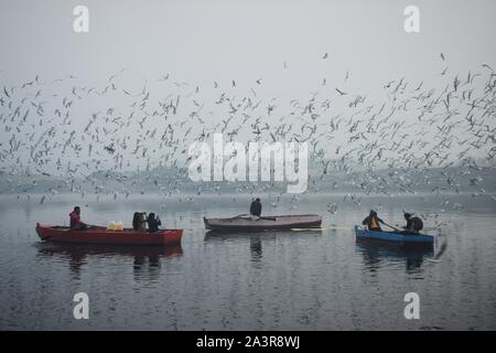 Drei parallele Boote bei Yamuna Ghat in einem nebligen Winter Morgen Stockfoto