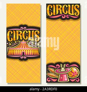 Vektor Banner für Nacht Zirkus mit Kopieren, original Pinsel font für gelbe Wort Circus, 2 Tickets für Cirque Leistung mit Big Top Zelt, juggl Stock Vektor