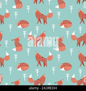 Nahtlose Muster mit niedlichen orange Füchse auf grünem Hintergrund. Schöne Wald Tiere in trendigem skandinavischen Stil. Vektor illustartion. Stock Vektor