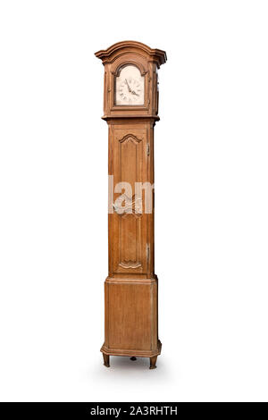 Antike Trommel Kopf Standuhr auf einem weißen Hintergrund. Stockfoto