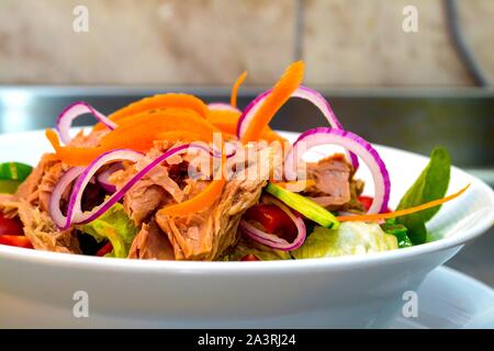 THUNFISCH-SALAT, ein frisch zubereiteter Thunfisch-Salat mit mediterranen Gemüse in einer weißen Porzellanschüssel Stockfoto