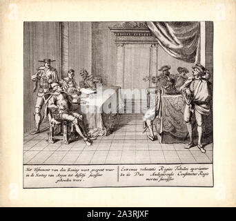 Nach dem Willen von König Karl II. von Spanien, Philipp Herzog von Anjou wurde genannt: Erbe der spanischen Thron. Gravur. Von 1701-1706 S. Schenk Stockfoto